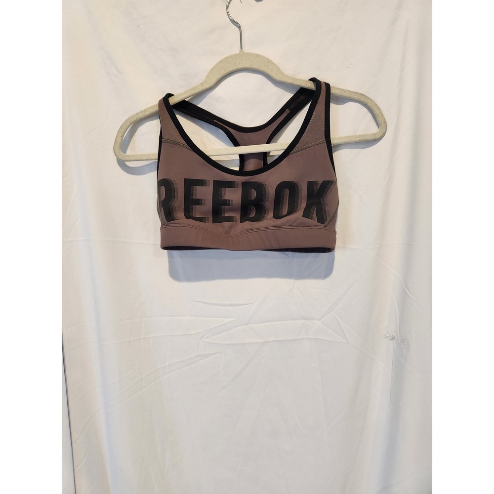 Reebok Womens Racerback Sports Bra Mauve Pink Black Logo Graphic Activewear